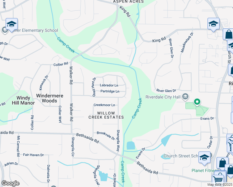 map of restaurants, bars, coffee shops, grocery stores, and more near 1250 Partridge Lane in Riverdale