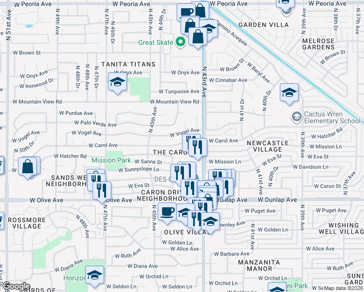 map of restaurants, bars, coffee shops, grocery stores, and more near 4339 West Carol Avenue in Glendale