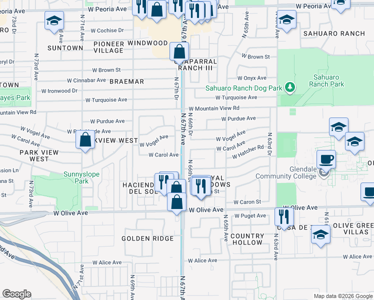 map of restaurants, bars, coffee shops, grocery stores, and more near 9438 North 66th Drive in Glendale