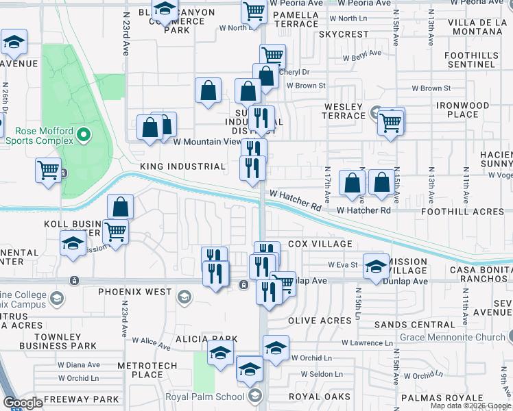 map of restaurants, bars, coffee shops, grocery stores, and more near 1750 West Hatcher Road in Phoenix