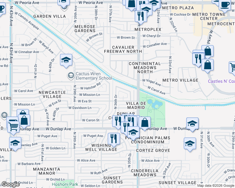 map of restaurants, bars, coffee shops, grocery stores, and more near 9401 North 36th Drive in Phoenix