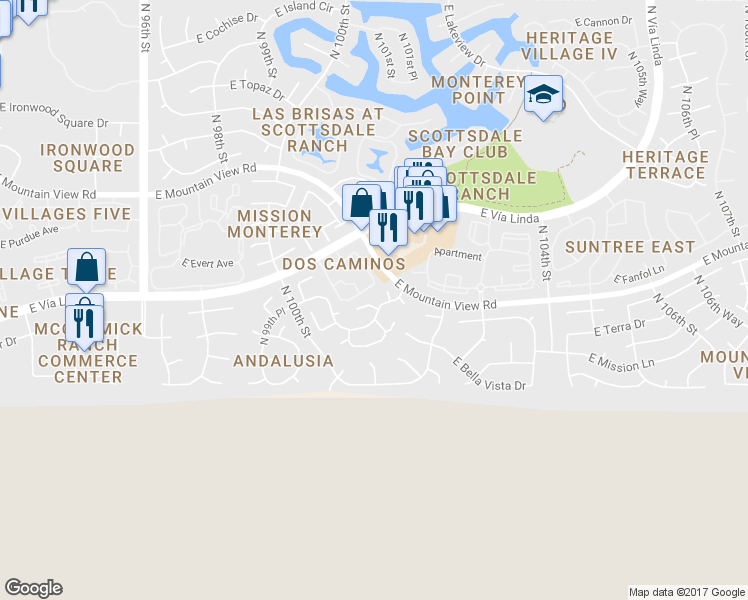 map of restaurants, bars, coffee shops, grocery stores, and more near 9215 North 101st Street in Scottsdale