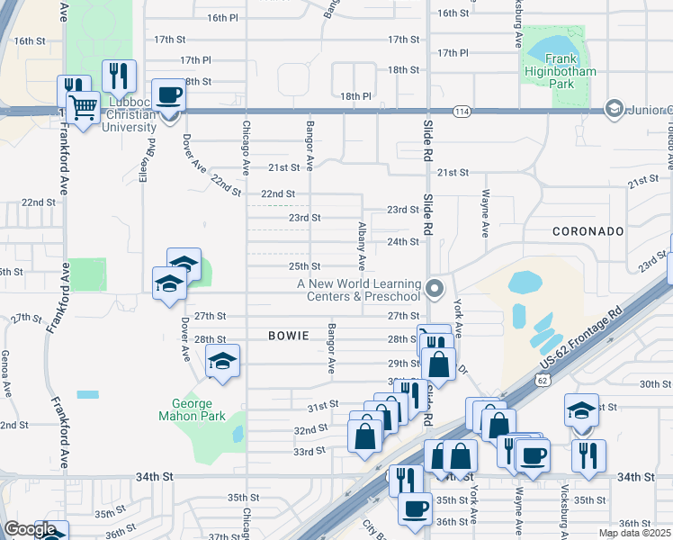 map of restaurants, bars, coffee shops, grocery stores, and more near 5309 25th Street in Lubbock