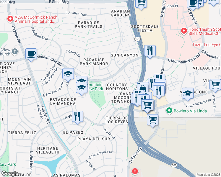 map of restaurants, bars, coffee shops, grocery stores, and more near 8716 East San Victor Drive in Scottsdale