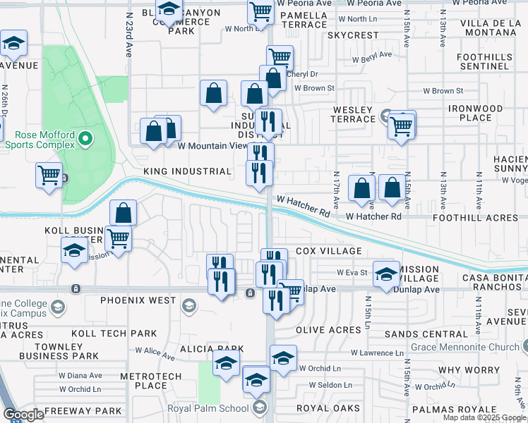 map of restaurants, bars, coffee shops, grocery stores, and more near 1750 West Hatcher Road in Phoenix