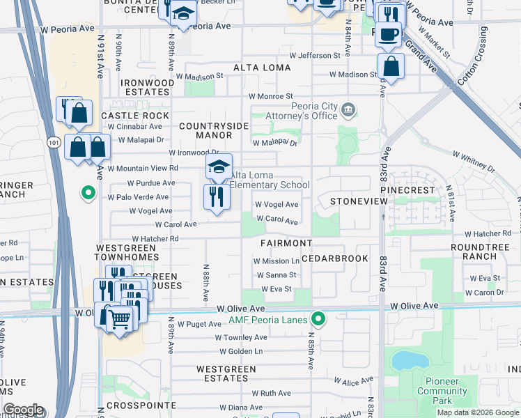 map of restaurants, bars, coffee shops, grocery stores, and more near 8605 West Vogel Avenue in Peoria
