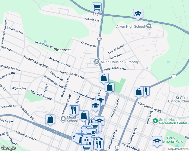 map of restaurants, bars, coffee shops, grocery stores, and more near 458 Ridge Avenue Northwest in Aiken