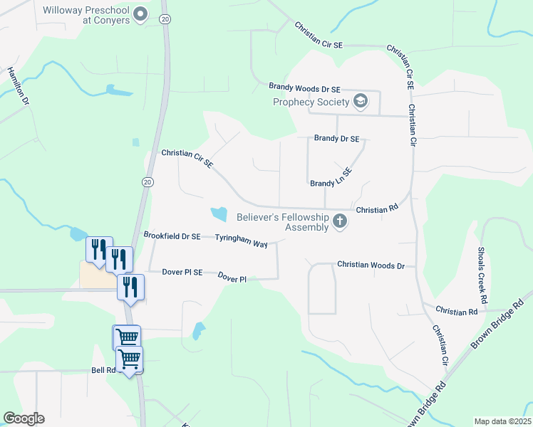map of restaurants, bars, coffee shops, grocery stores, and more near 1959 Christian Circle Southeast in Conyers