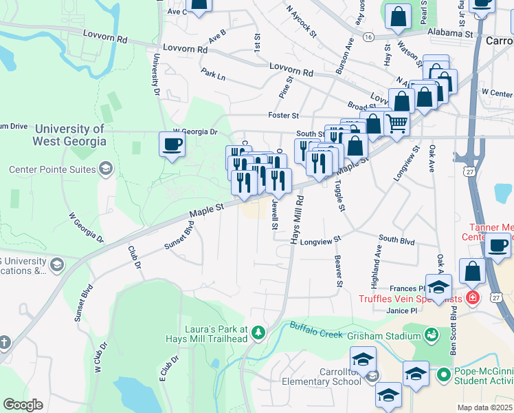 map of restaurants, bars, coffee shops, grocery stores, and more near 137 Bowen Street in Carrollton