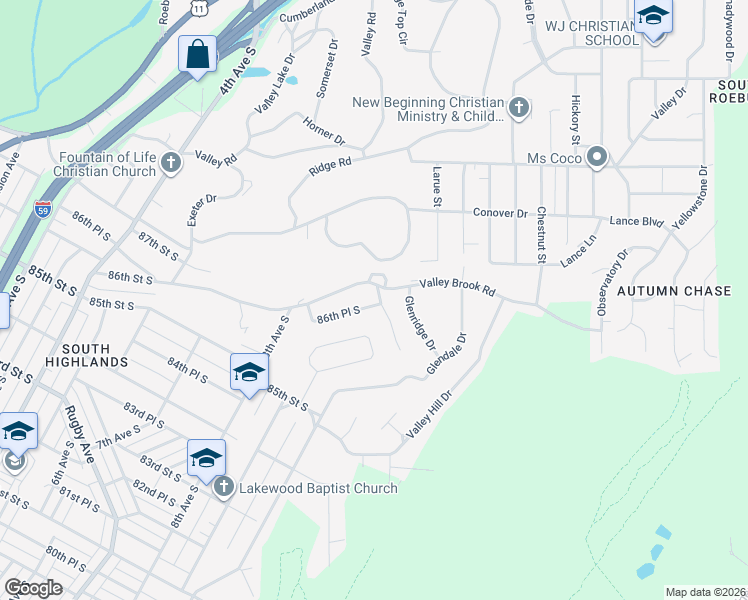 map of restaurants, bars, coffee shops, grocery stores, and more near 881 Glenvalley Drive in Birmingham
