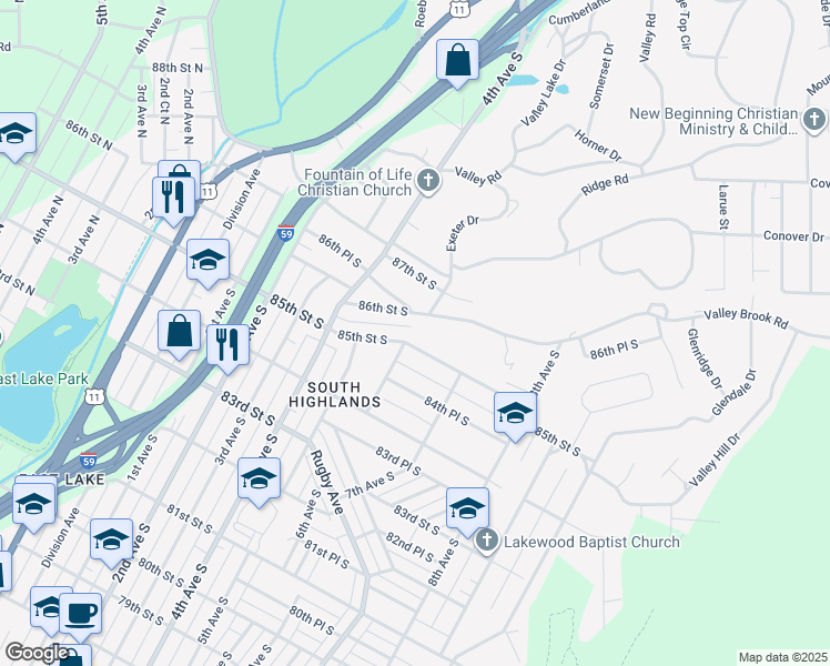map of restaurants, bars, coffee shops, grocery stores, and more near 537 85th Street South in Birmingham