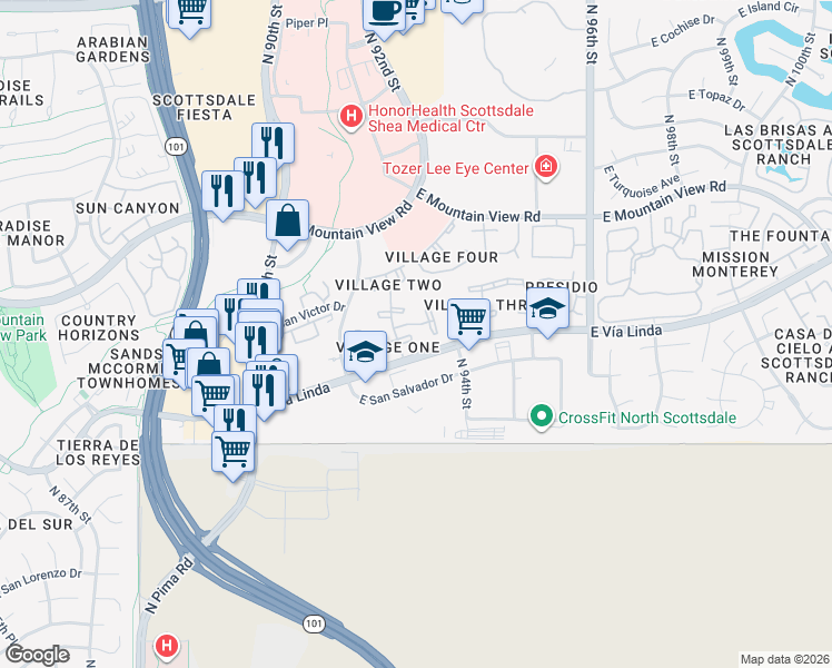 map of restaurants, bars, coffee shops, grocery stores, and more near 9345 North 92nd Street in Scottsdale