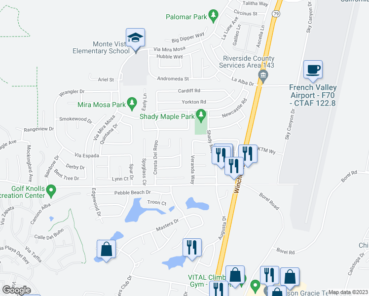 map of restaurants, bars, coffee shops, grocery stores, and more near 37794 Sea Pines Ct in Murrieta