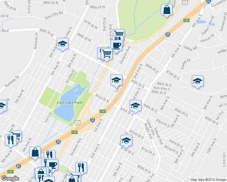 map of restaurants, bars, coffee shops, grocery stores, and more near 8342 1st Avenue South in Birmingham