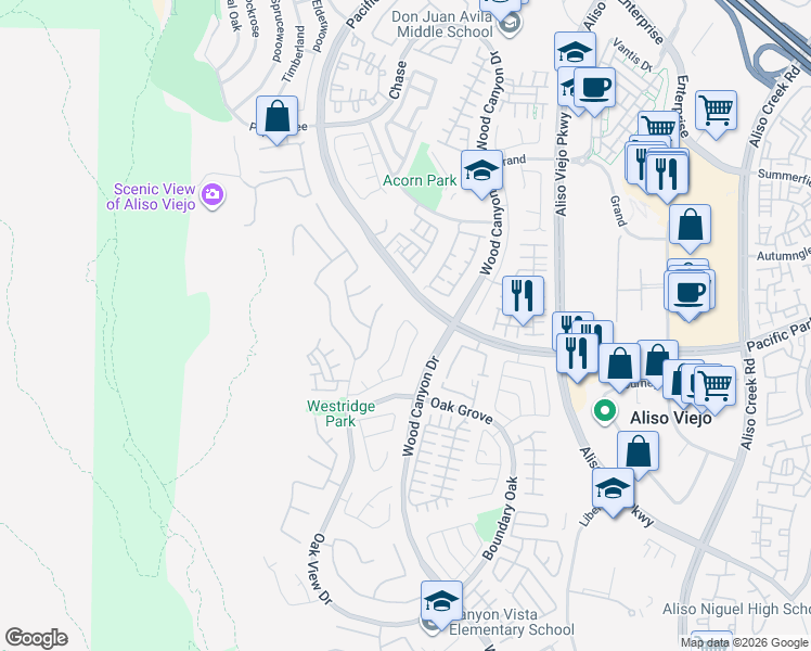 map of restaurants, bars, coffee shops, grocery stores, and more near 8 Dusk Way in Aliso Viejo