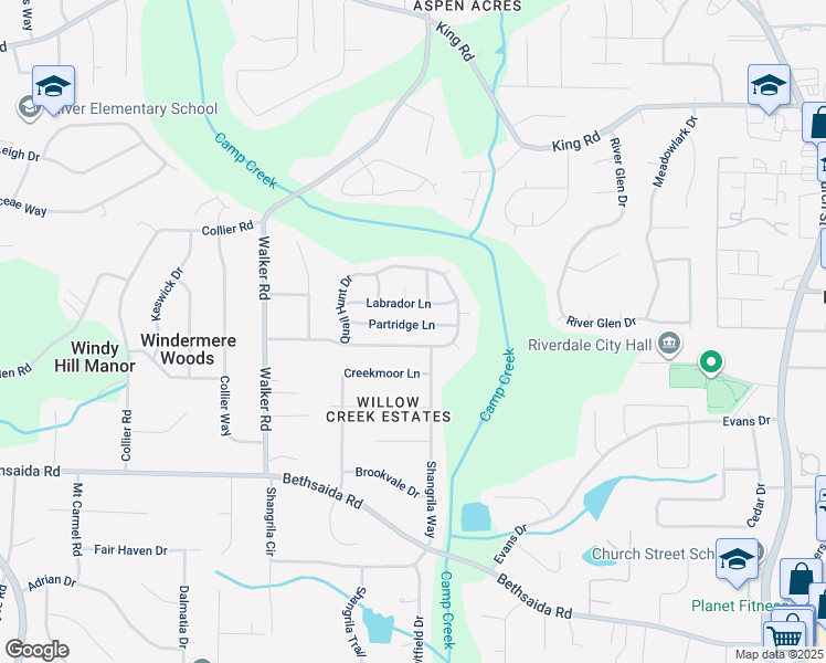 map of restaurants, bars, coffee shops, grocery stores, and more near 1250 Partridge Lane in Riverdale
