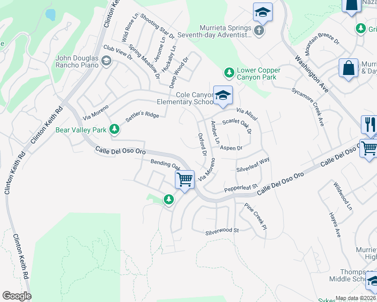 map of restaurants, bars, coffee shops, grocery stores, and more near 23463 Canterbury Way in Murrieta