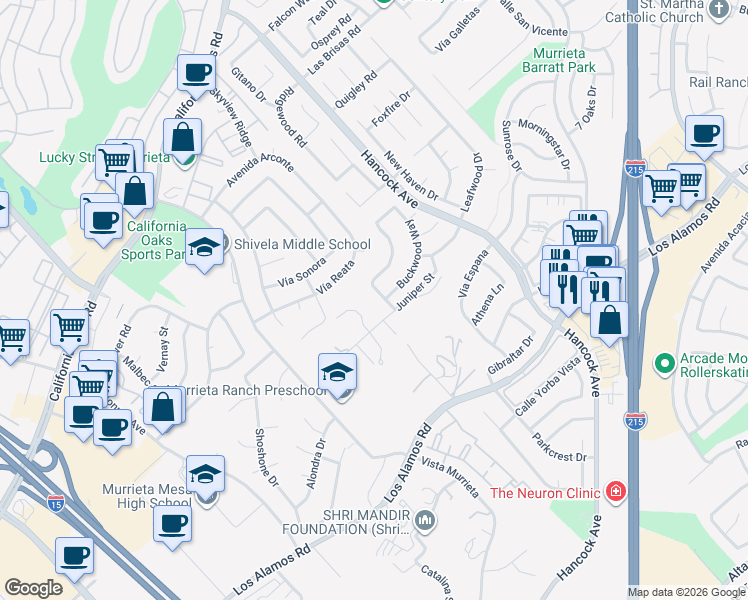 map of restaurants, bars, coffee shops, grocery stores, and more near 40211 White Leaf Lane in Murrieta