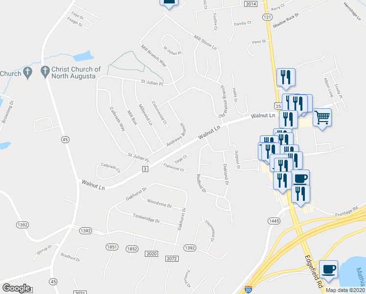 map of restaurants, bars, coffee shops, grocery stores, and more near Walnut Lane in North Augusta