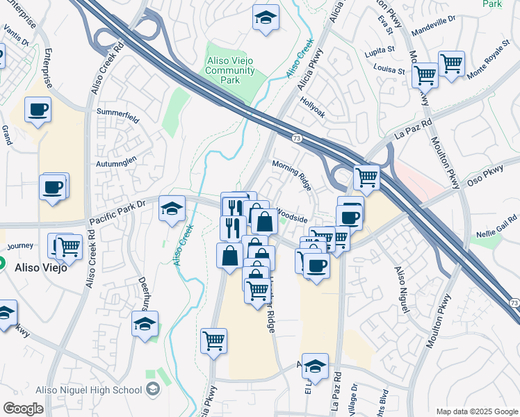 map of restaurants, bars, coffee shops, grocery stores, and more near 33 Bridle Lane in Aliso Viejo