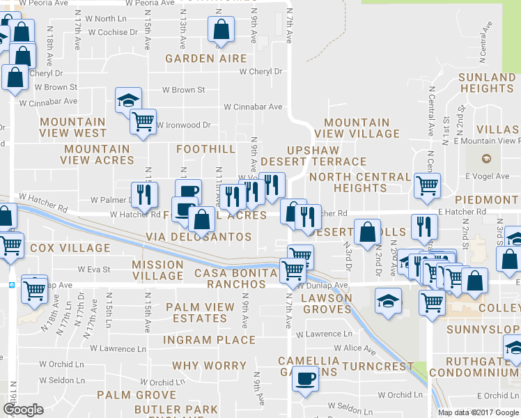 map of restaurants, bars, coffee shops, grocery stores, and more near 748 West Hatcher Road in Phoenix