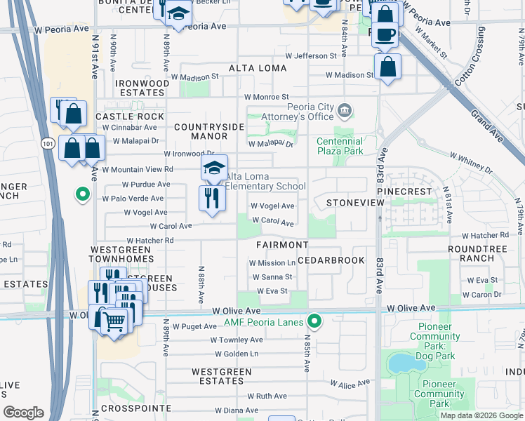 map of restaurants, bars, coffee shops, grocery stores, and more near 8605 West Vogel Avenue in Peoria