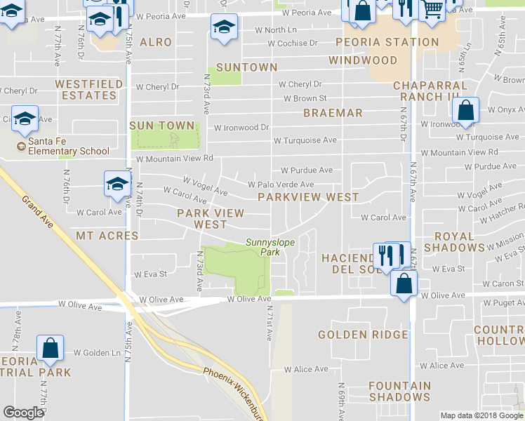 map of restaurants, bars, coffee shops, grocery stores, and more near 7108 West Carol Avenue in Peoria