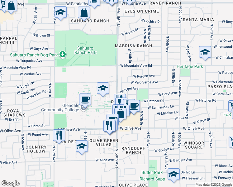 map of restaurants, bars, coffee shops, grocery stores, and more near 9400 North 59th Avenue in Glendale