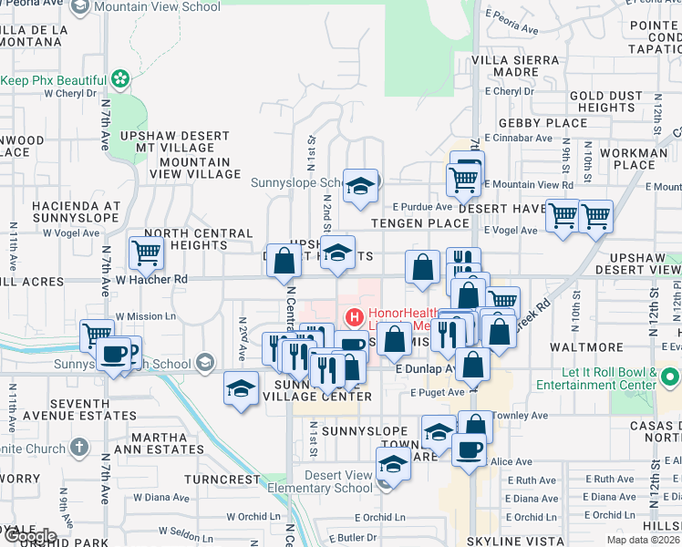map of restaurants, bars, coffee shops, grocery stores, and more near 204 East Hatcher Road in Phoenix