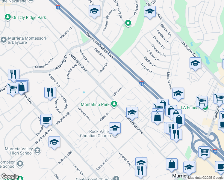 map of restaurants, bars, coffee shops, grocery stores, and more near 41420 Blue Bonnet Court in Murrieta