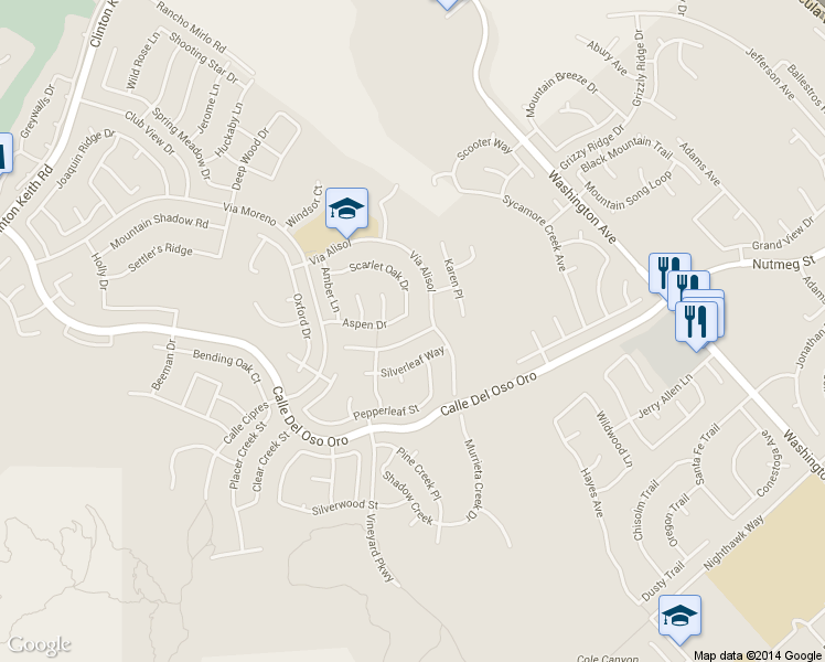 map of restaurants, bars, coffee shops, grocery stores, and more near 23884 Cloverleaf Way in Murrieta