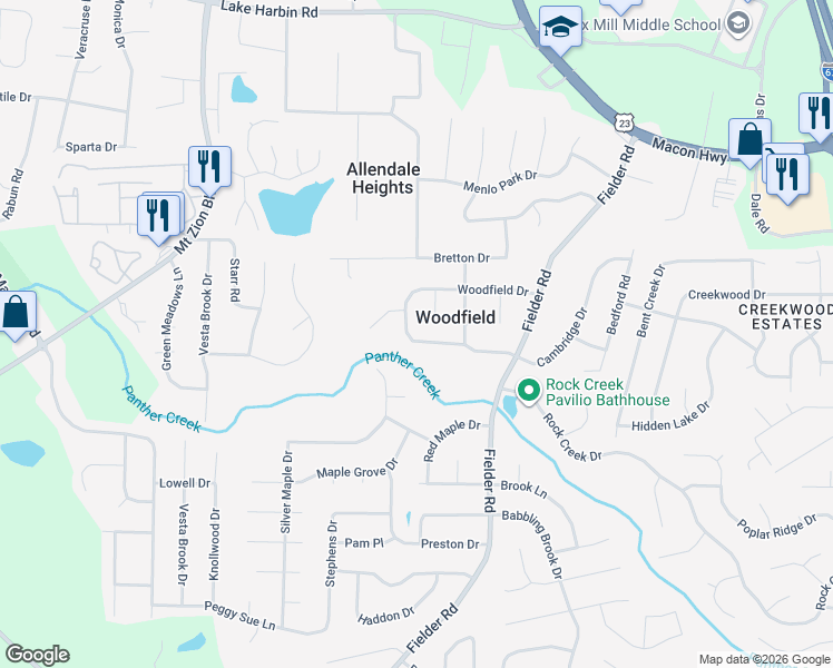map of restaurants, bars, coffee shops, grocery stores, and more near 2867 Woodfield Drive in Rex