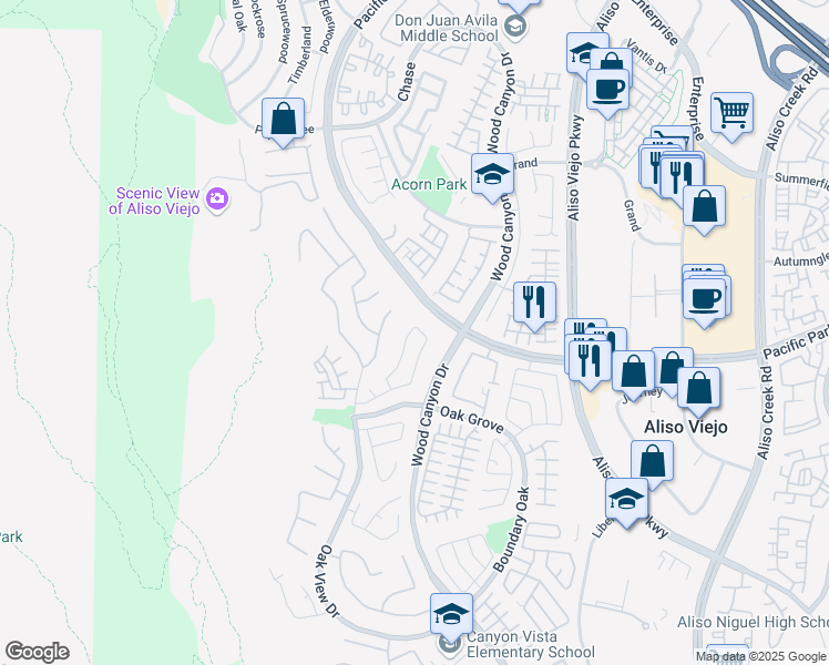 map of restaurants, bars, coffee shops, grocery stores, and more near 8 Dusk Way in Aliso Viejo