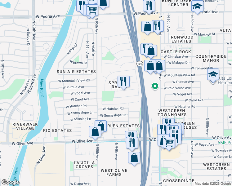 map of restaurants, bars, coffee shops, grocery stores, and more near 9339 W Vogel Ave in Peoria