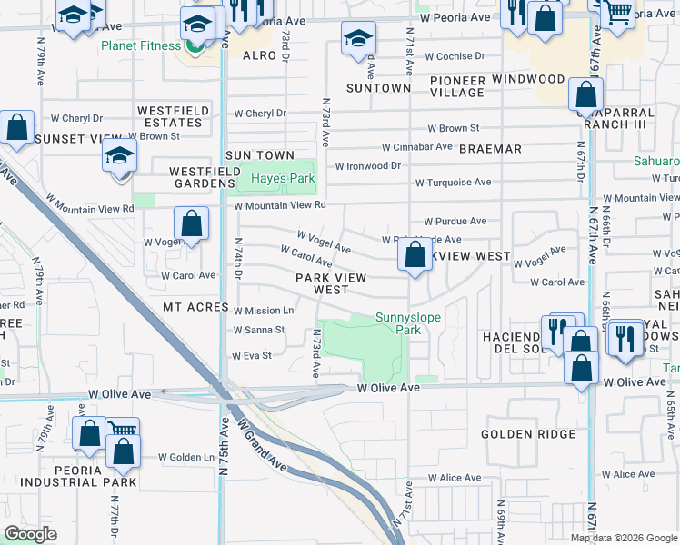 map of restaurants, bars, coffee shops, grocery stores, and more near 7233 West Carol Avenue in Peoria
