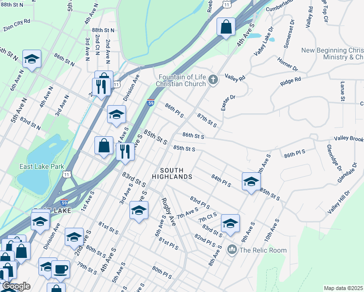 map of restaurants, bars, coffee shops, grocery stores, and more near 501 85th Street South in Birmingham