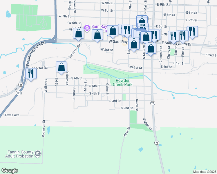 map of restaurants, bars, coffee shops, grocery stores, and more near 519 South 5th Street in Bonham