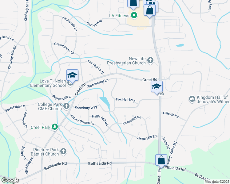 map of restaurants, bars, coffee shops, grocery stores, and more near 2615 Fox Hall Lane North in Atlanta
