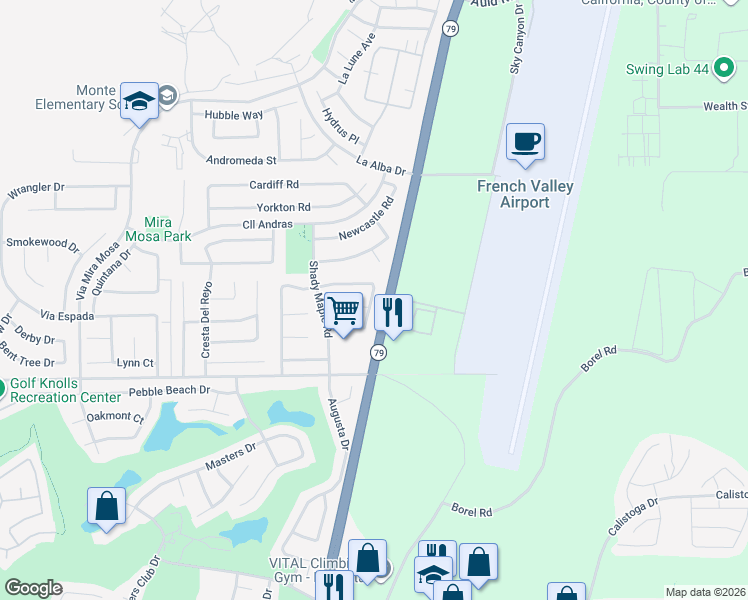 map of restaurants, bars, coffee shops, grocery stores, and more near 37813 Rose Blossom Drive in Murrieta