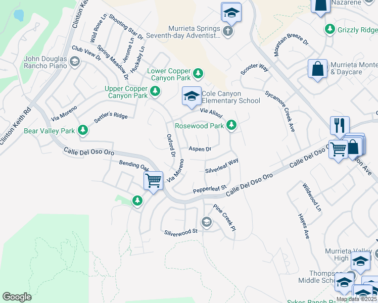 map of restaurants, bars, coffee shops, grocery stores, and more near 23733 Aspen Drive in Murrieta