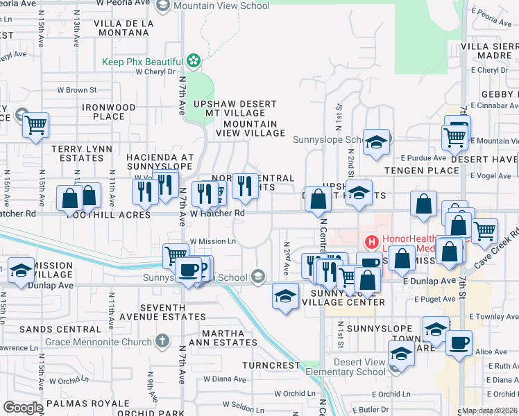 map of restaurants, bars, coffee shops, grocery stores, and more near 328 West Hatcher Road in Phoenix