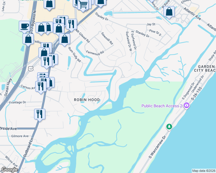 map of restaurants, bars, coffee shops, grocery stores, and more near 109 Edward Avenue in Murrells Inlet