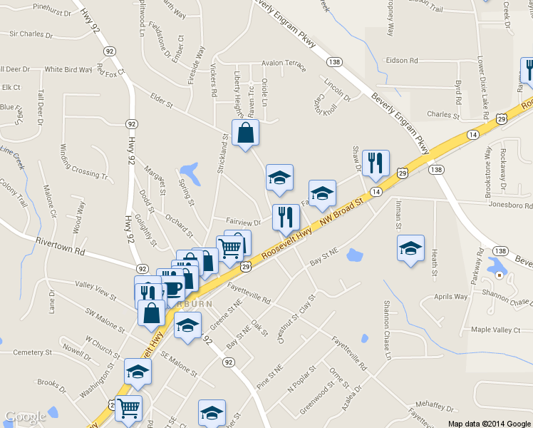 map of restaurants, bars, coffee shops, grocery stores, and more near 56 Elder Street in Fairburn
