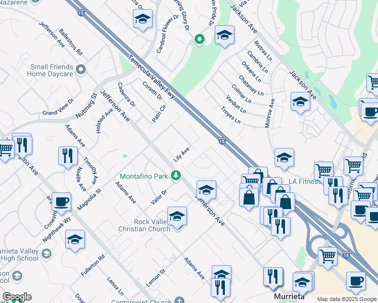 map of restaurants, bars, coffee shops, grocery stores, and more near 41370 Lilly Avenue in Murrieta