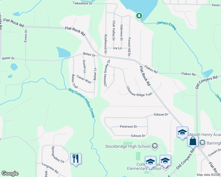 map of restaurants, bars, coffee shops, grocery stores, and more near 75 Hearthstone Court in Stockbridge