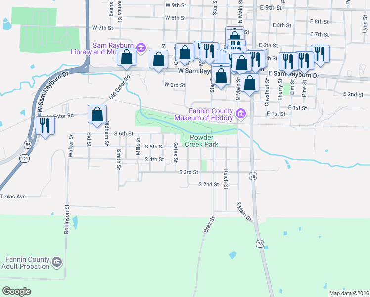 map of restaurants, bars, coffee shops, grocery stores, and more near 519 South 5th Street in Bonham