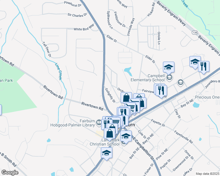 map of restaurants, bars, coffee shops, grocery stores, and more near 108 Aderhold Street in Fairburn