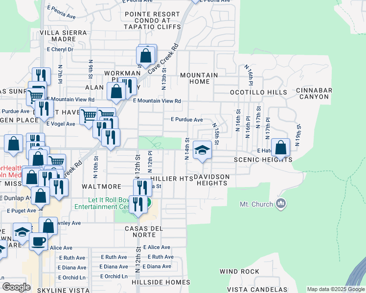 map of restaurants, bars, coffee shops, grocery stores, and more near 1344 East Hatcher Road in Phoenix