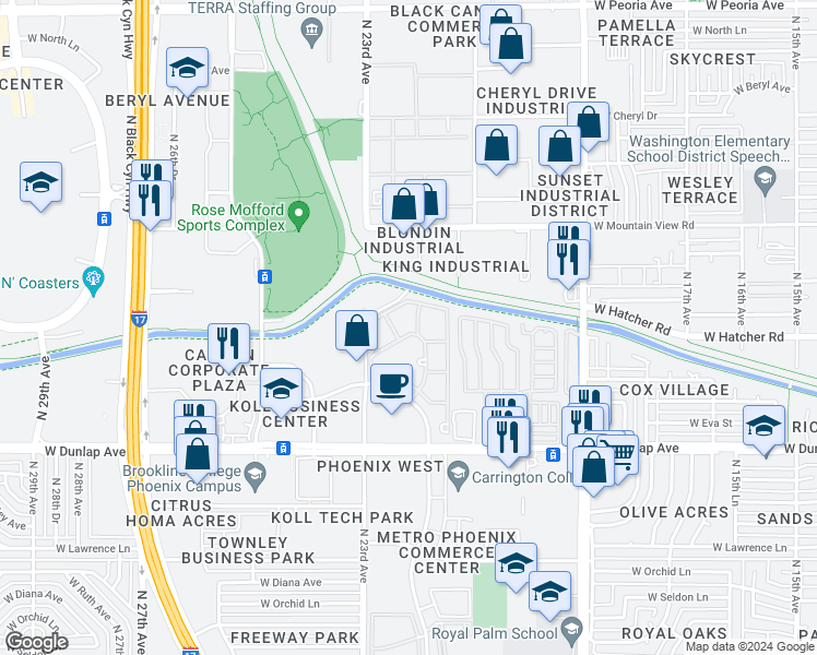 map of restaurants, bars, coffee shops, grocery stores, and more near 2220 West Mission Lane in Phoenix