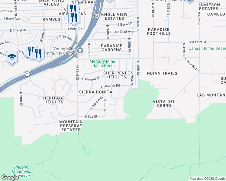 map of restaurants, bars, coffee shops, grocery stores, and more near 3416 East Golden Vista Lane in Phoenix